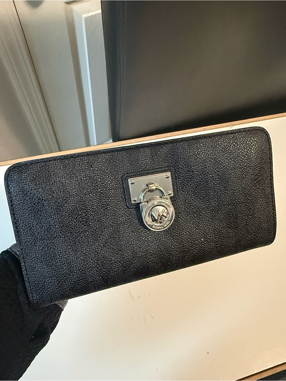 Michael Kors Black Signature MK Zip Wallet with Silver Hardware
